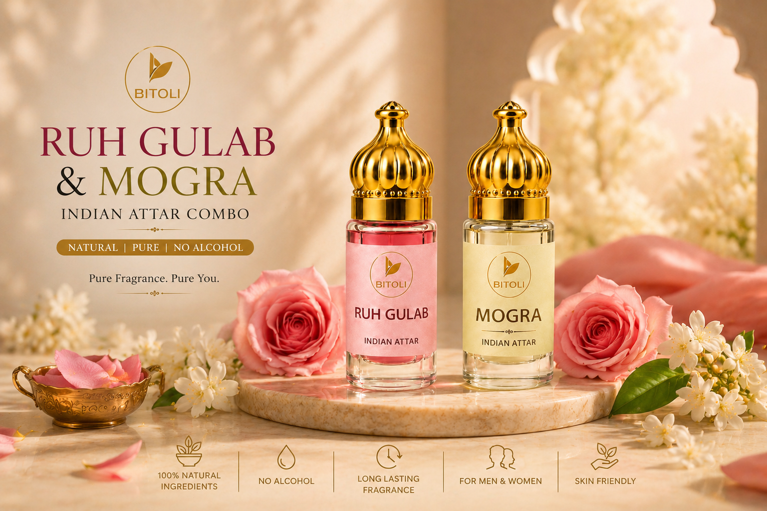 Royal Bloom Duo – Ruh Gulab & Mogra Attar | Floral Majesty Collection | Handcrafted In Kannauj